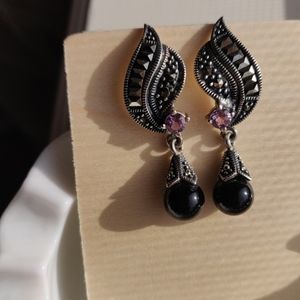 Vintage Art Deco Style .925 Sterling Malachite Amethyst Black Onyx Earrings